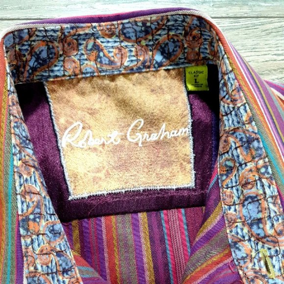 Robert Graham Mens Long Sleeve Shirt Large Designer Flip Cuff Embroidered Purple - Picture 7 of 12